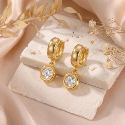 Gold Dangle Earrings for Women, 14K Gold Plated Chunky Hoop Earrings with Charms Cubic Zirconia Drop Earrings Statement Jewelry for Women - color: Gold A