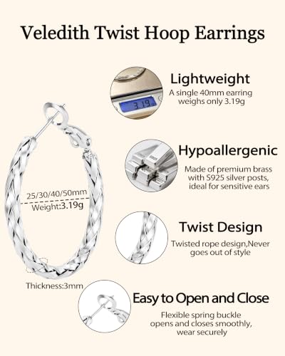 3MM Thin Sterling Silver Hoop Earrings for Women Hypoallergenic | Lightweight Small Silver Hoop Earrings Thin Twisted Hoop Earrings for Sensitive Ears - color: Silver-40MM