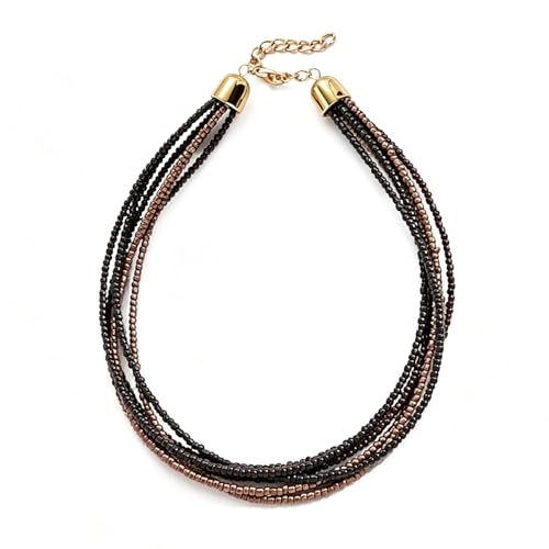 Colorful Multi-layered Seed Beaded Necklace Choker For Women Bohemian Handmade Crystal Stone Gemstone Hawaiian Necklace Holiday Birthday Summer Beach Jewelry Gift - color: Brown Black