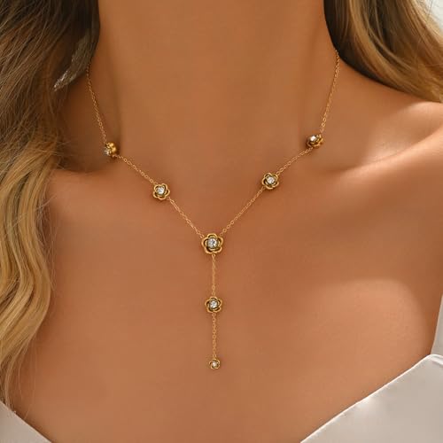 Dainty 18K Gold Plated Lariat Necklace for Women Delicate Y Chain Rose Pearl Diamond Long Drop Necklace Layering Bridal Jewelry Gift - color: Rose-Gold
