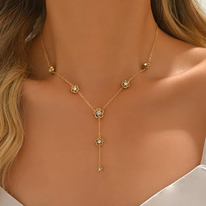 Dainty 18K Gold Plated Lariat Necklace for Women Delicate Y Chain Rose Pearl Diamond Long Drop Necklace Layering Bridal Jewelry Gift - color: Rose-Gold