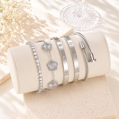 18K Gold Plated Love Bangle Bracelet Stack for Women, Adjustable Clover Bracelet & CZ Tennis Chain Set, Stackable Layered Jewelry, Fade Resistant, Long-Lasting Luster for Daily Wear & Gift - color: 5Pcs Silver