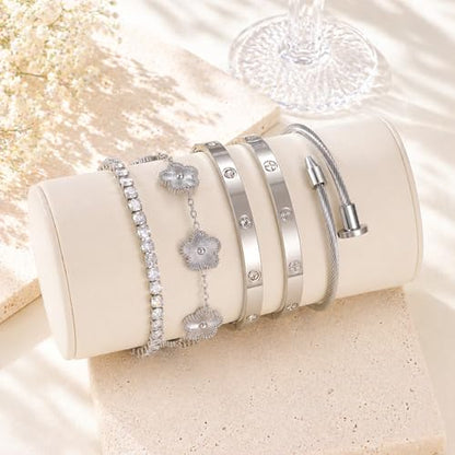 18K Gold Plated Love Bangle Bracelet Stack for Women, Adjustable Clover Bracelet & CZ Tennis Chain Set, Stackable Layered Jewelry, Fade Resistant, Long-Lasting Luster for Daily Wear & Gift - color: 5Pcs Silver