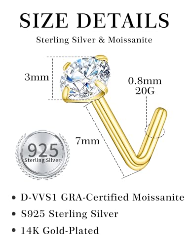 6-Piece L-Shaped Moissanite Nose Stud Set, 925 Sterling Silver Nose Rings | Hypoallergenic Nose Studs Suitable for Nostril, Nasal Septum, and Nasal Cartilage Piercings; Colorfast (Unisex) - color: Gold