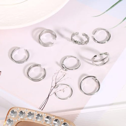 Mikovivi 9pcs Toe Rings for Women, 9 Styles Non Tarnish Adjustable CZ Flower Hug Band Open Toe Rings Set Dainty Foot Jewelry Accessories for Women Summer Beach Party - color: Silver