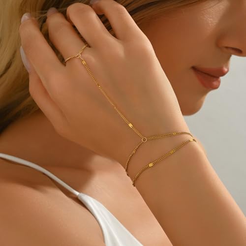 Dainty 18K Gold Plated Tiny Bracelets with Finger Ring for Women | Waterproof Hypoallergenic Adjustable Hand Harness Chain Jewelry - color: Double Layer Dot-GD