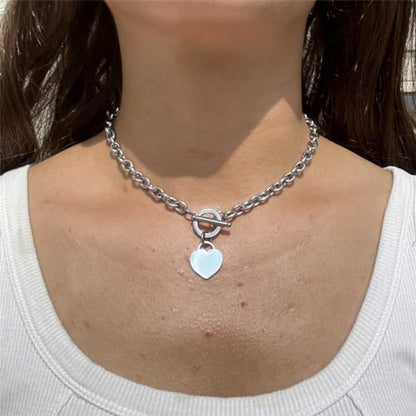 WangGao Elegent Love Stainless Steel Link Chain Blank Heart Charms Necklace for Women Toggle Clasp Closure - color: Silver, size: 15.74inches