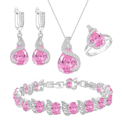 GZWHD Jewelry Set for Women Water Drop Cubic Zirconia Artificial Crystal Earrings Pendant Necklace Open Ring Tennis Bracelet Wedding Anniversary Birthday Engagement Gift for Bridesmaid Wife Girlfriend Friend - color: Pink