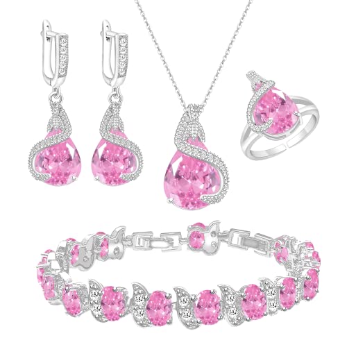 GZWHD Jewelry Set for Women Water Drop Cubic Zirconia Artificial Crystal Earrings Pendant Necklace Open Ring Tennis Bracelet Wedding Anniversary Birthday Engagement Gift for Bridesmaid Wife Girlfriend Friend - color: Pink