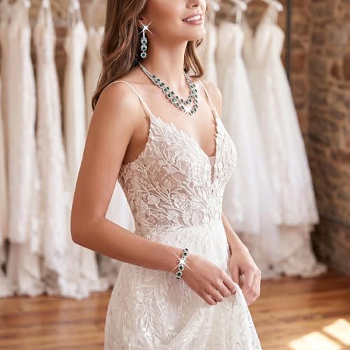 Rhinestone Bridal Wedding Jewelry Set，Crystal Necklace Earrings Bracelet Sets Formal Costume Jewelry for Women and Brides - color: GREEN
