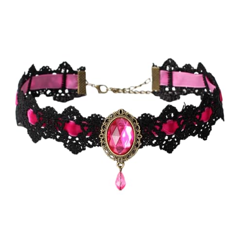 Gothic Lace Choker Necklace for Women Vintage Velvet Gemstone Clavicle Chain Punk Style Hollowed Out Lace Necklaces Halloween Vampire Party Jewelry - color: Pink