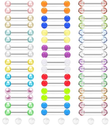 48pcs 14G Stainless Steel Nipple Rings Candy Color Tongue Straight Barbell Piercing Glow in Dark Retainer Piercing Jewelry for Women Men 16mm Bar