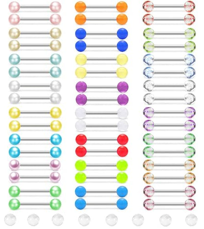 48pcs 14G Stainless Steel Nipple Rings Candy Color Tongue Straight Barbell Piercing Glow in Dark Retainer Piercing Jewelry for Women Men 16mm Bar