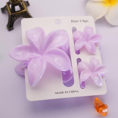 Flower Hair Clips for Women Girls Claw Clips Light Purple Plumeria with Marble Design Barrettes Summer Hair Clip Fashion Hair Styling Accessories for Thick Thin Hair(3Pcs: 1 Large 2 Small) - color: Light Purple