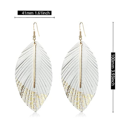 Bohemian Handmade Lightweight Color Large Genuine Soft Leather Fringe Feather Leaf Tear Dangle Drop Earrings for Women Statement - color: 2-White