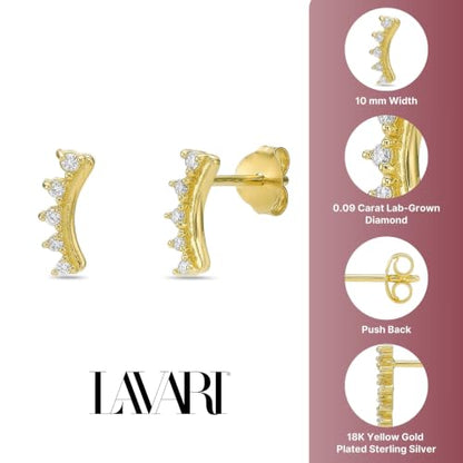 Lavari Jewelers 1/10 Carat Round Lab Grown Diamond Crawler Earrings for Women I 18k Yellow Gold Plated 925 Sterling Silver Ear Climber for Her I Hypoallergenic Push Back Studs
