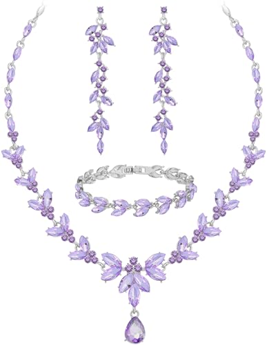 Paxuan Wedding Jewelry Sets for Bride Bridesmaid Bridal Jewelry Set for Women Wedding Crystal Necklace Earrings Bracelet Set for Party Prom Jewelry - color: Light Purple - Silver