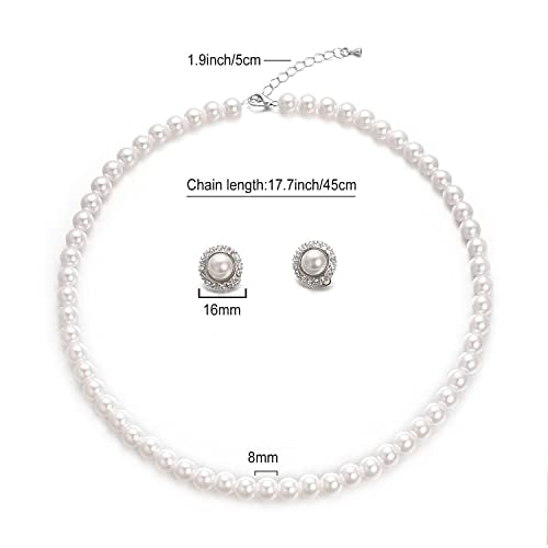 8mm 10mm Faux Pearl Necklace Earrings Set for Women White Black Round Glass Pearl Wedding Jewelry Gifts - color: Sun White Pearl-Ear Clips Set, size: 8mm