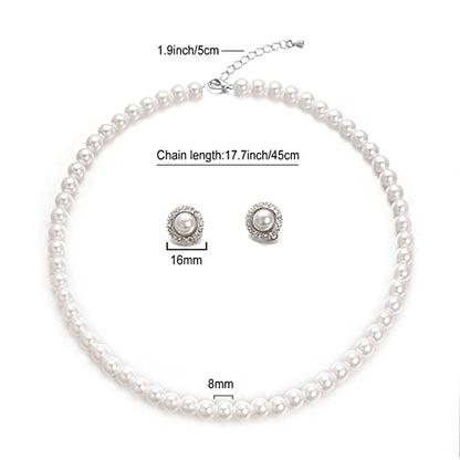 8mm 10mm Faux Pearl Necklace Earrings Set for Women White Black Round Glass Pearl Wedding Jewelry Gifts - color: Sun White Pearl-Ear Clips Set, size: 8mm