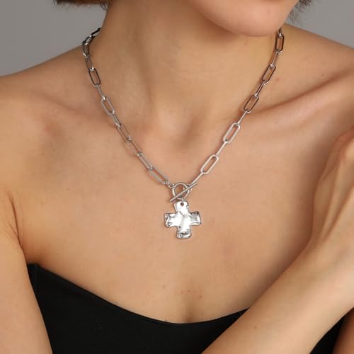 Bheop Chunky Cross Necklace for Women, 14K Gold Silver Statement Necklace | Sturdy Paperclip Chain, Hammered Pendant, Vintage Charm, Trendy Costume Jewelry, Faith Christian Religious Gift, Non Tarnish - style: SL-Toggle Necklace（1 inch Pendant）