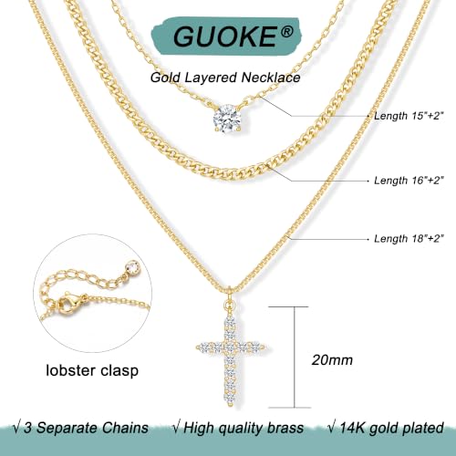 Gold Necklace Stack, Layered Gold Necklaces for Women Jewelry Set | 14K Gold Plated, Separate Chains, Pendant, Dainty, Non Tarnish, Delicate, Chain, Multi, Gift - color: 3 Layer-Cross Gold