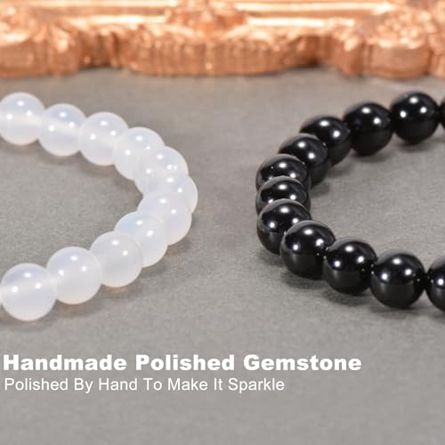 2PCS Agate Bracelet for Women Men Natural Round Beaded Agates Stone Healing Stretch Bracelets Elastic Handmade Polished Gemstone Beads Bracelet - color: Black+White, size: 8mm Beads