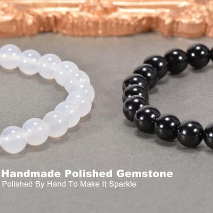 2PCS Agate Bracelet for Women Men Natural Round Beaded Agates Stone Healing Stretch Bracelets Elastic Handmade Polished Gemstone Beads Bracelet - color: Black+White, size: 8mm Beads