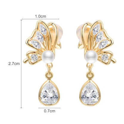 Yoursfs Clip On Pearl Butterfly Earrings for Women Bow Pearl Dangle Earrings Rhinestone Gold Dangle Earrings 18K Gold Plated Jewelry