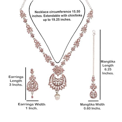 Touchstone Indian jewelry sets for women maang tikka wedding guest gold necklace bollywood jewellery set pageant elegant prom bride accessories western crystal chunky rhinestone necklaces - color: Pink rose in silver plating
