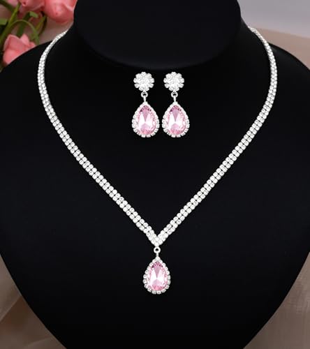 Elegant Silver Crystal Wedding Necklace Earrings Bracelet Jewelry Set for Women Brides Bridesmaids Prom Party Costume Accessory Bridal Jewelry - color: silver-pink