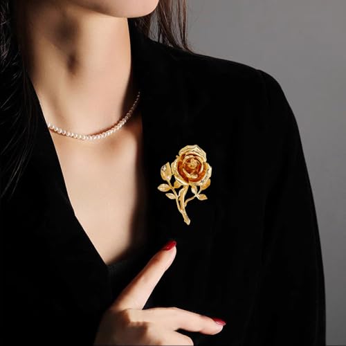 Gold Rose Flower Brooch Pin for Women Men Fashion Metal Large 3D Blossom Floral Brooches Lapel Pins Retro Suit Hat Dress Accessories Holiday Wedding Jewelry Unisex Gift