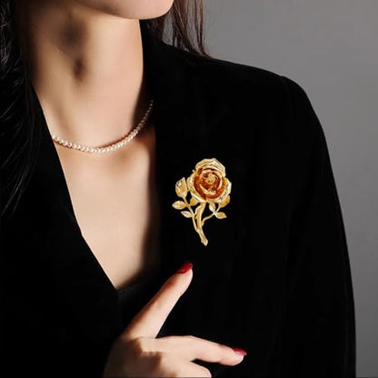 Gold Rose Flower Brooch Pin for Women Men Fashion Metal Large 3D Blossom Floral Brooches Lapel Pins Retro Suit Hat Dress Accessories Holiday Wedding Jewelry Unisex Gift