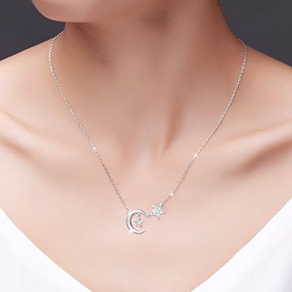 Ladytree 925 Sterling Silver Jewelry Crescent Moon and Star Pendant Necklace - style: Two Stars