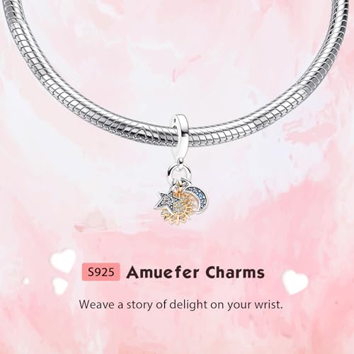 Silver Star, 14K Gold Plated Sun and Blue Moon Charm, Pave, CZ, Jewelry Gift, Birthday Christmas Mothers Valentine's Day, Couple Family Friend, Bracelets Necklaces Pendant Dangle Charm Women