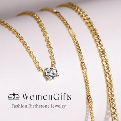 WomenGifts Layered Gold Necklaces for Women, 14K Gold Sterling Silver Plated Dainty Pendant Necklace Set Non Tarnish, Chunky Stackable Cuban Chain Choker, Trendy Birthstone Vacation Jewelry Gift - color: Gold, style: Cubic Zirconia
