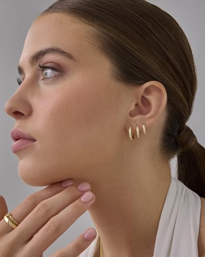 PAVOI Gold Hoop Earrings for Women - 14K Gold Plated 925 Sterling Silver Posts 3 Pairs Hoop Earrings Set for Women - Hypoallergenic Huggie Earring Pack - style: Plain