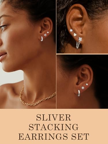 Hypoallergenic Small Gold Stud Earrings for Women 14K Gold Plated CZ Chain Hoops Hypoallergenic Earrings Dainty Clover Flower Heart Bow Stud Earrings for Jewelry Gift - color: silver