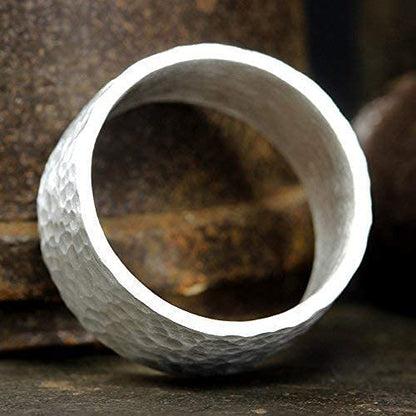 925 Sterling Silver Wedding Ring Hammered Flat Pipe Cut Textured Thick & Durable Handmade Unisex Mens & Women Rustic Engagement Promise Band - US Size 4-13 - Custom Engraving - color: 01 - 9mm Silver