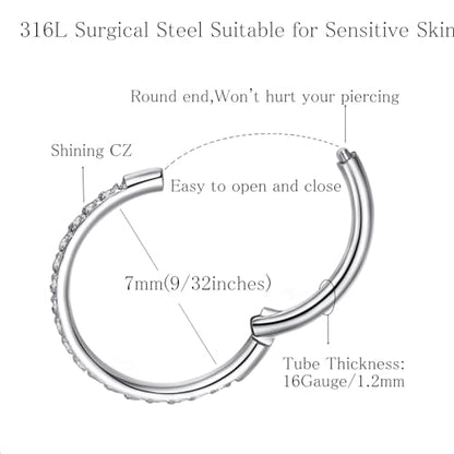 ORANGELOVE 20G 18G 16G Clear CZ Nose Ring Hoop 316L Surgical Steel Seamless Silver Septum Ring Clicker Jewelry Cartilage Earring Ear Piercing Hoop Earrings for Women Men Helix Rook Lobe Conch Tragus Daith Lip Hinged Piercing Jewelry with Cubic Zirconia -