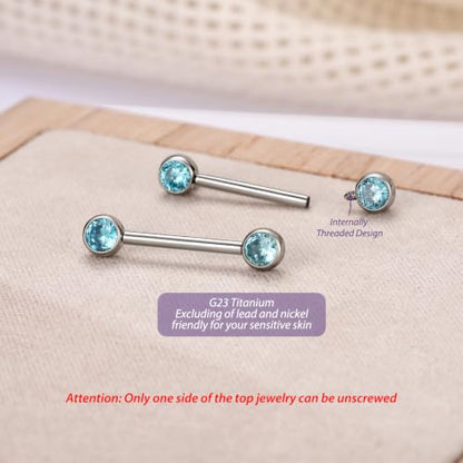FUNLMO 2pcs Nipple Piercing Jewelry Titanium Nipple Rings Internally Threaded Tongue Rings Bridge Piercing Jewelry Nipple Barbells 14G 12-20mm - color: Silver,Blue CZ