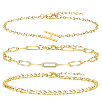 3PCS Gold Bracelet Set for Women, 14K Gold Plated Initial Letter Jewelry, Layered Paperclip and Cuban Chain Stack, Adjustable Stainless Steel Gift - style: Initial-H