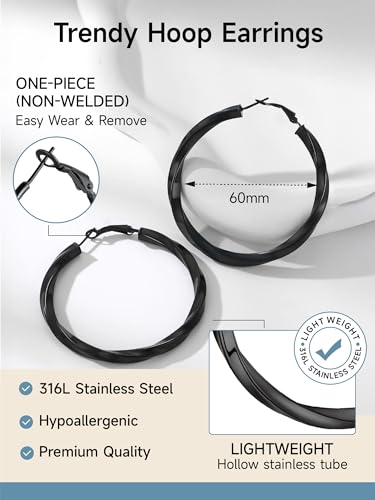 PROSTEEL Chunky Hoop Earrings for Women 14K Gold Plated/Black/Silver | 20/30/40/50/60/70/80mm Stainless Steel Thick Big Round Hoop with Waterproof and Non Tarnish Trendy Jewelry with Gift Box - color: 4. Black, size: 60MM