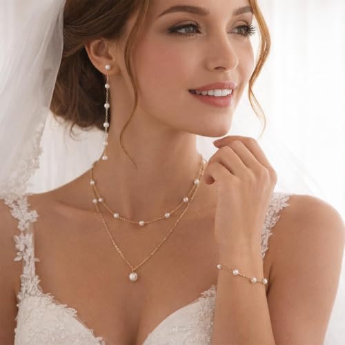 Wedding Jewelry Sets for Brides Bridesmaid Pearl Jewelry Set Fancy Gold Flower Necklace and Earrings Simple Pearl Necklace for Women Bridal Earrings Wedding Accessories Essentials Gifts - color: B2:3pcs pearl jewelry set