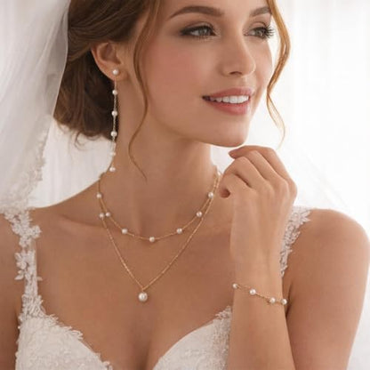 Wedding Jewelry Sets for Brides Bridesmaid Pearl Jewelry Set Fancy Gold Flower Necklace and Earrings Simple Pearl Necklace for Women Bridal Earrings Wedding Accessories Essentials Gifts - color: B2:3pcs pearl jewelry set