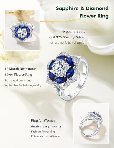Flower Engagement Promise Ring Sterling Silver Birthstone Rings for Women Sapphire/Emerald/Ruby Gemstone Six Leaf Clover Statement Cocktail Ring Size 6 to 10 - style: 09. September-Created Sapphire