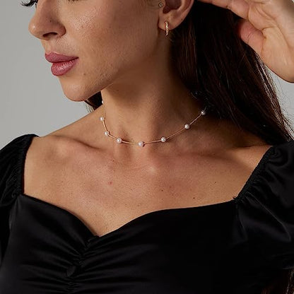 Kyerlyn Dainty Pearl Pendant Necklaces for Women 14K Gold Plated Handmade Layered Pearl Chain Necklace Delicate Layered Pearl Necklace Everyday Jewelry Gift - color: Satellite Pearl Choker-Gold