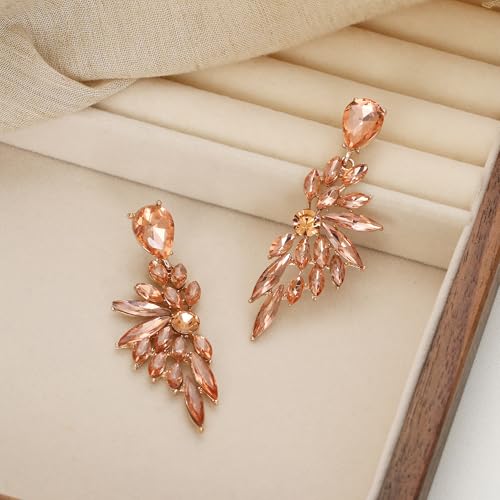 Women's Wedding Bridal Earrings Prom Dangle Earring | Shiny Crystal Teardrop Multi Marquise Cluster for Bride Bridesmaid Bling Jewelry Costume Party Accessories - color: 04-Peach Rose-Gold-Plated-Base