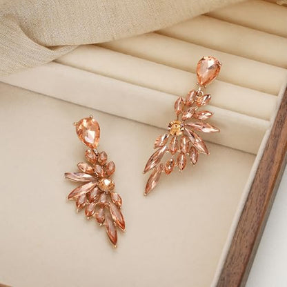 Women's Wedding Bridal Earrings Prom Dangle Earring | Shiny Crystal Teardrop Multi Marquise Cluster for Bride Bridesmaid Bling Jewelry Costume Party Accessories - color: 04-Peach Rose-Gold-Plated-Base