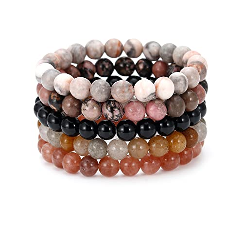 BOMAIL 5PCS Semi-Precious Gemstone Beaded Bracelet 8mm Round Beaded | Healing Crystal Stone, Stretch Bracelets, Unisex, Handmade,Elastic,Yoga Beads Bracelets,Jewelry Gift - color: C