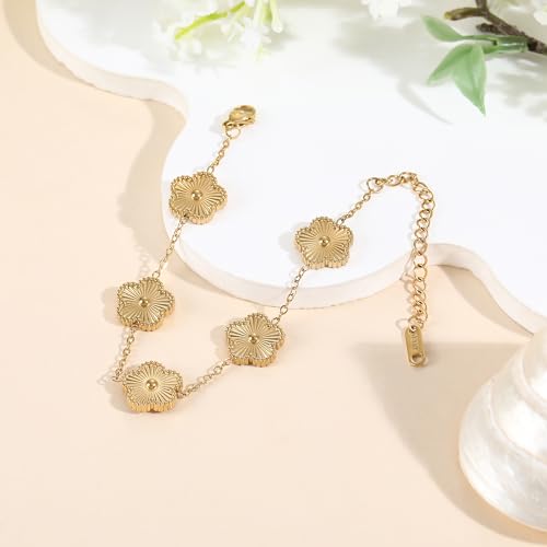 TICVSS Four Leaf Clover Bracelet for Women 18K Gold Plated Stainless Steel Lucky 4 Leaf Gold Link Bracelet Jewelry Gift for Women - color: Gold+Silver